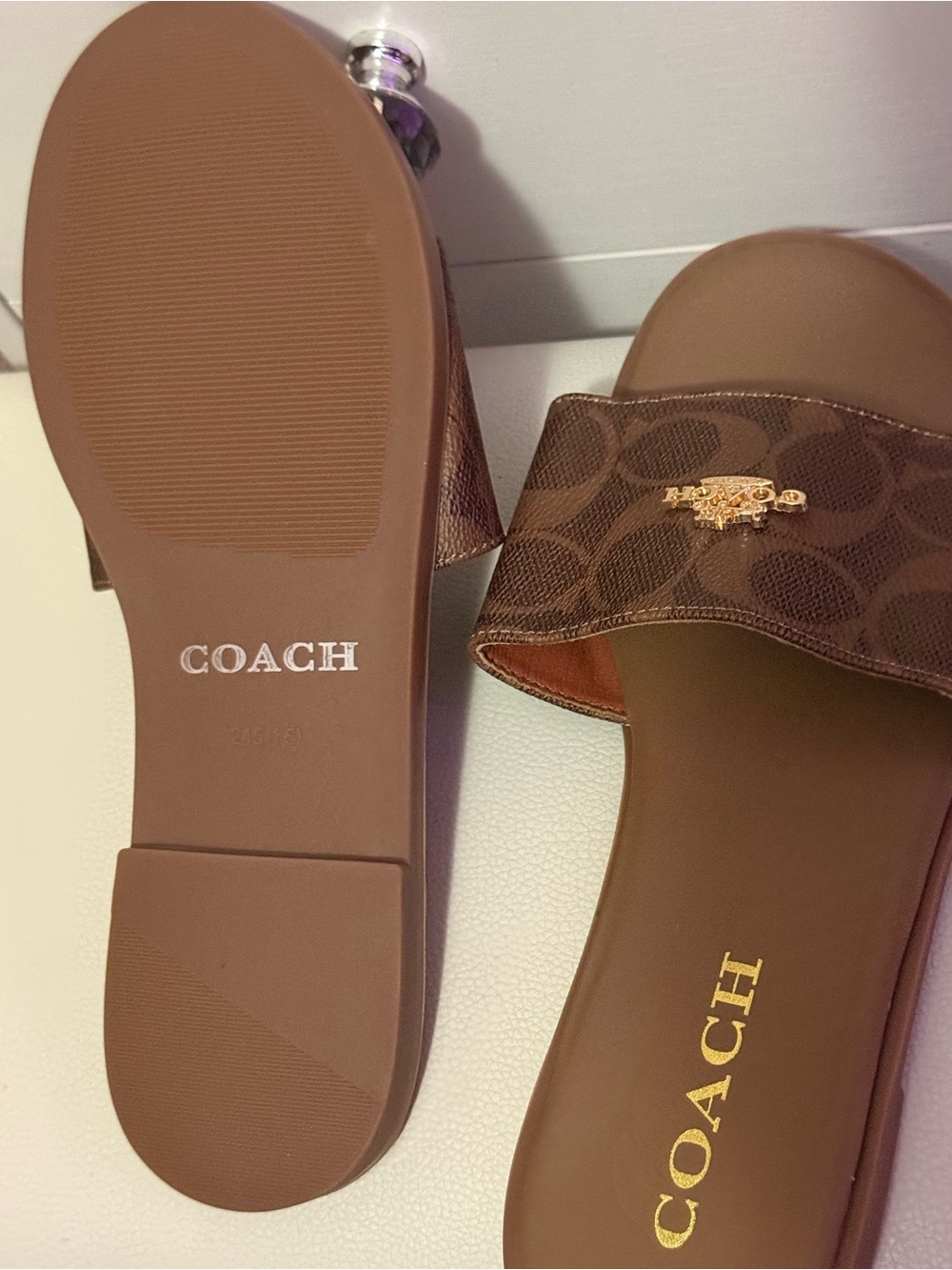 Coach Brown Signature Jacquard Slide Sandals with Gold Logo